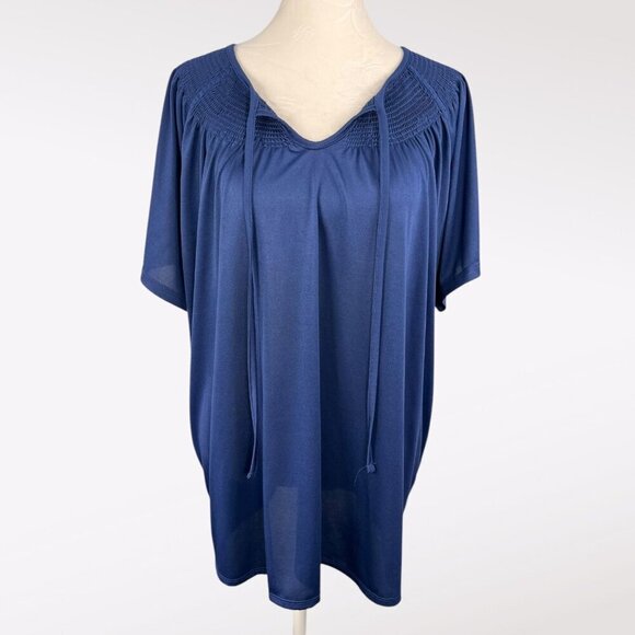 VTG Sara Morgan Blue Smocked Short Sleeve V-Neck Top Size Medium - Picture 1 of 8